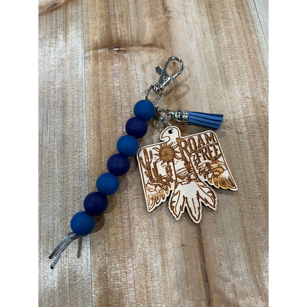 Roam Free Blues Silicone Bead Lobster Clasp Keychain Purse‎ Charm Wood Engraved